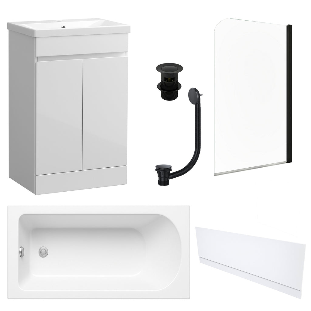 Waterproof 500mm Vanity Unit with Single Ended Bath, Gloss White Front Panel, Matt Black Screen, Bath & Slotted Basin Waste