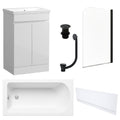 Waterproof 500mm Vanity Unit with Single Ended Bath, Gloss White Front Panel, Matt Black Screen, Bath & Slotted Basin Waste