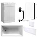 Waterproof 500mm Vanity Unit with Single Ended Bath, Gloss White Panels, Matt Black Screen, Bath & Slotted Basin Waste