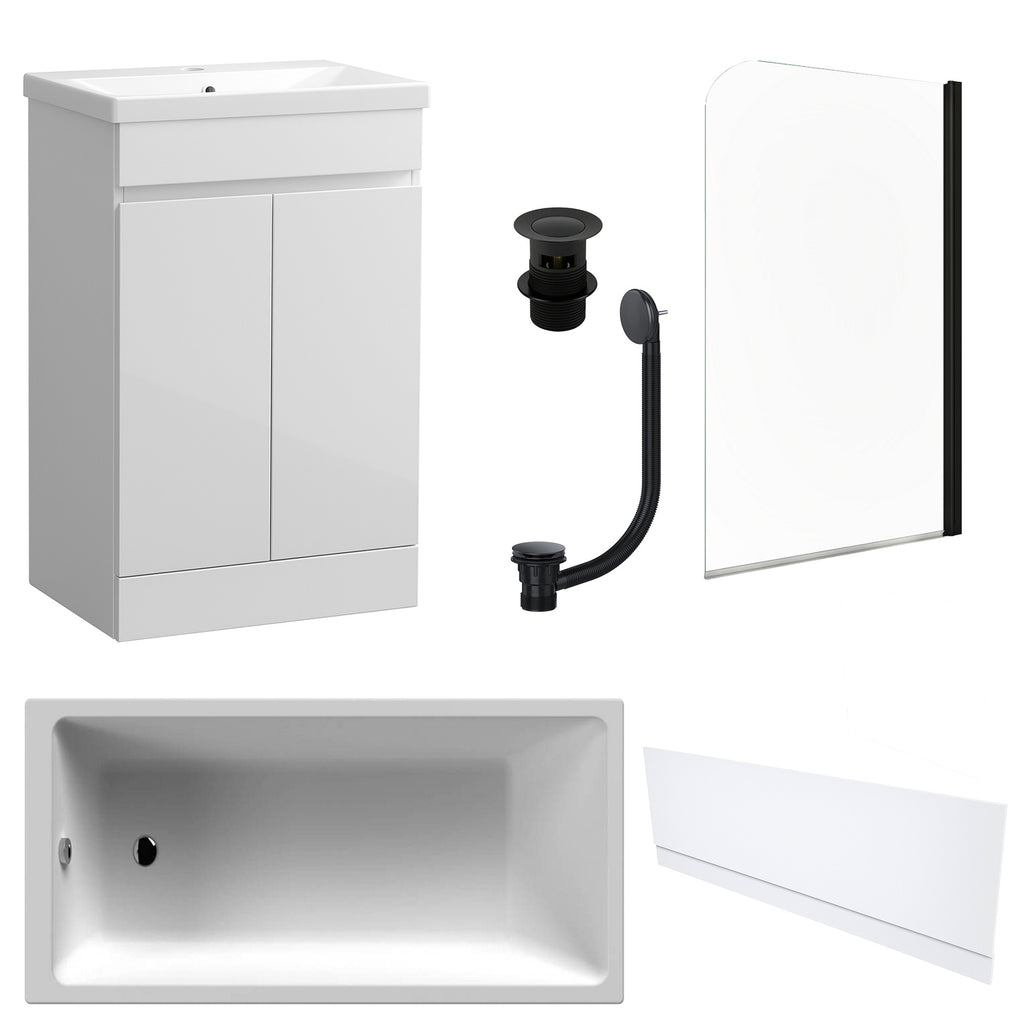 Waterproof 500mm Vanity Unit with Single Ended Bath, Gloss White Front Panel, Matt Black Screen, Bath & Slotted Basin Waste