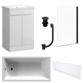 Waterproof 500mm Vanity Unit with Single Ended Bath, Gloss White Front Panel, Matt Black Screen, Bath & Slotted Basin Waste