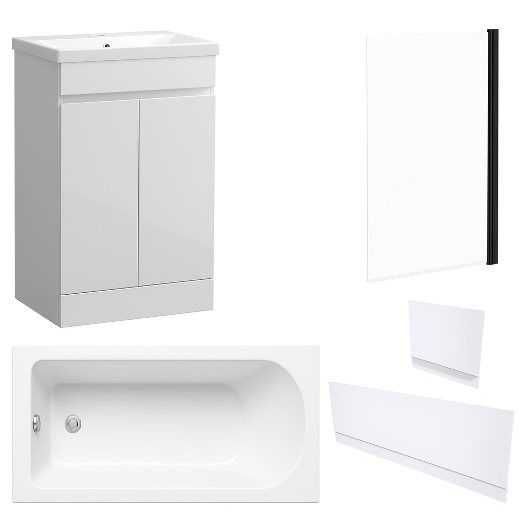 Waterproof 500mm Vanity Unit with Single Ended Bath, Gloss White Panels & Matt Black Profile Bath Screen
