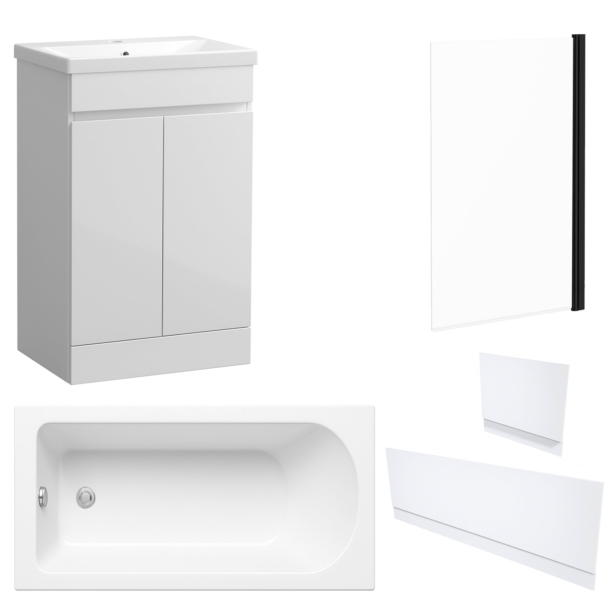 Waterproof 500mm Vanity Unit with Single Ended Bath, Gloss White Panels & Matt Black Profile Bath Screen