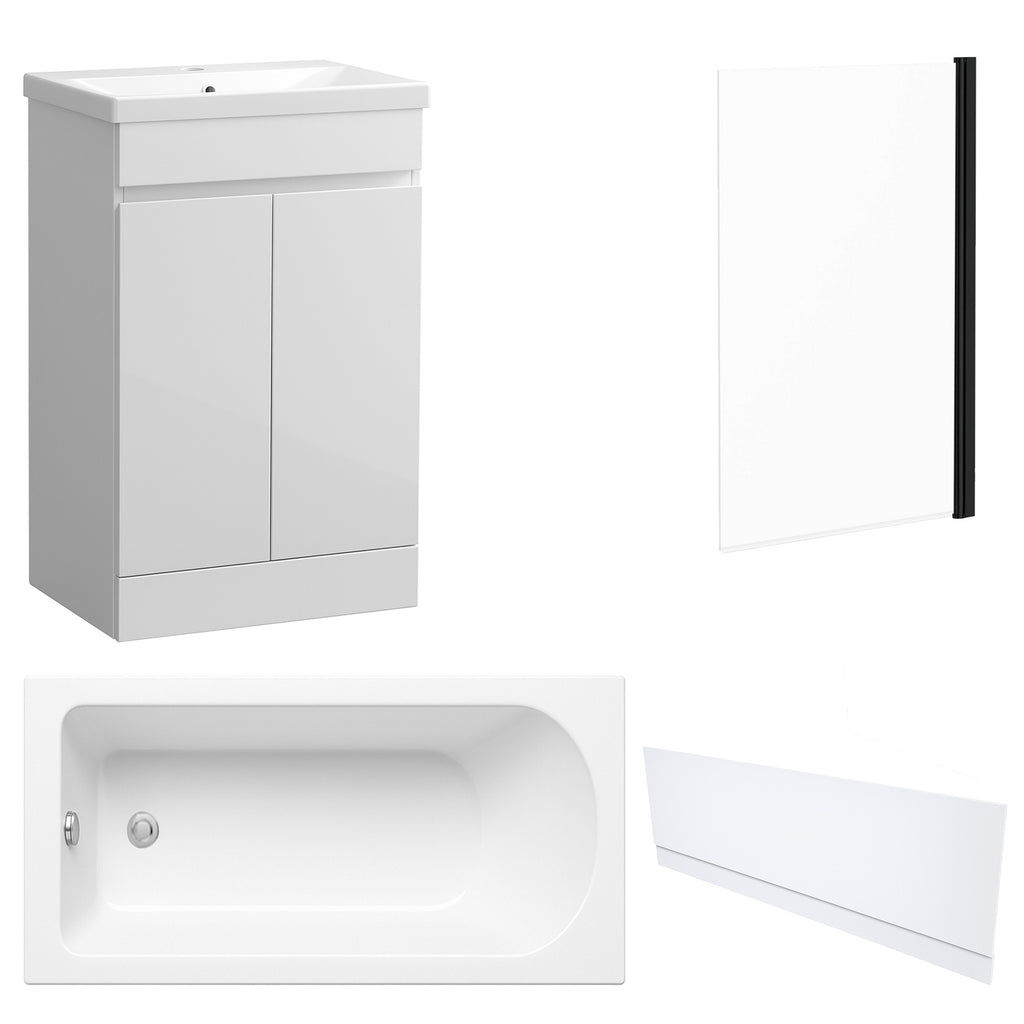 Waterproof 500mm Vanity Unit with Single Ended Bath, Gloss White Front Panel & Matt Black Profile Bath Screen