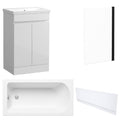 Waterproof 500mm Vanity Unit with Single Ended Bath, Gloss White Front Panel & Matt Black Profile Bath Screen