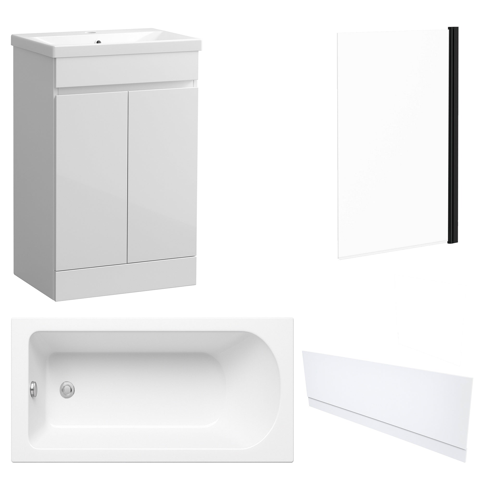 Waterproof 500mm Vanity Unit with Single Ended Bath, Gloss White Front Panel & Matt Black Profile Bath Screen