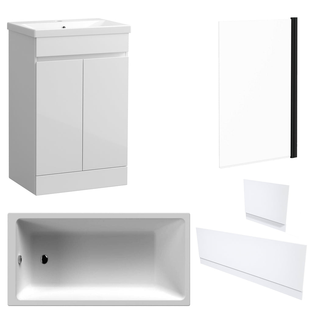 Waterproof 500mm Vanity Unit with Single Ended Bath, Gloss White Panels & Matt Black Profile Bath Screen