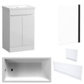Waterproof 500mm Vanity Unit with Single Ended Bath, Gloss White Panels & Matt Black Profile Bath Screen