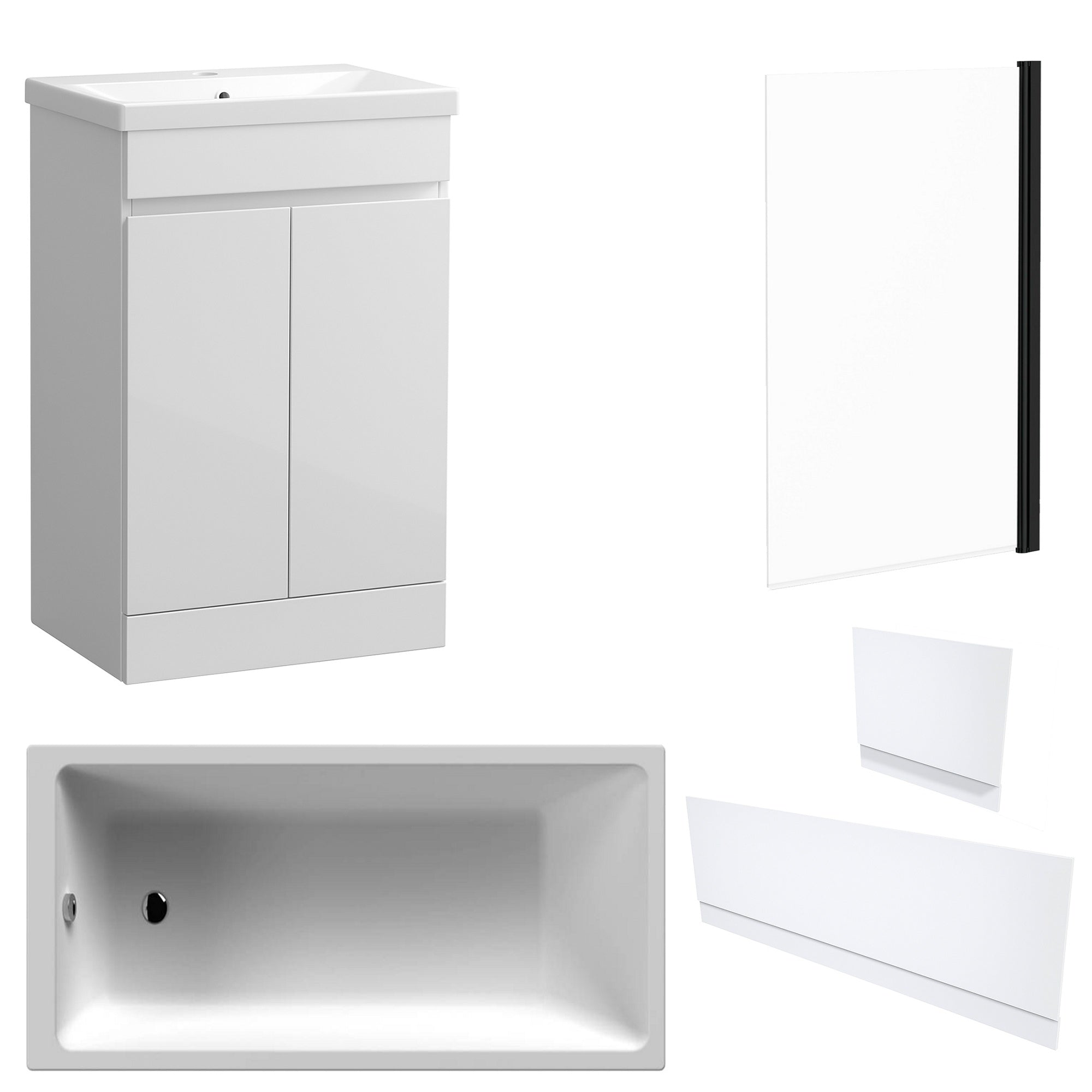 Waterproof 500mm Vanity Unit with Single Ended Bath, Gloss White Panels & Matt Black Profile Bath Screen
