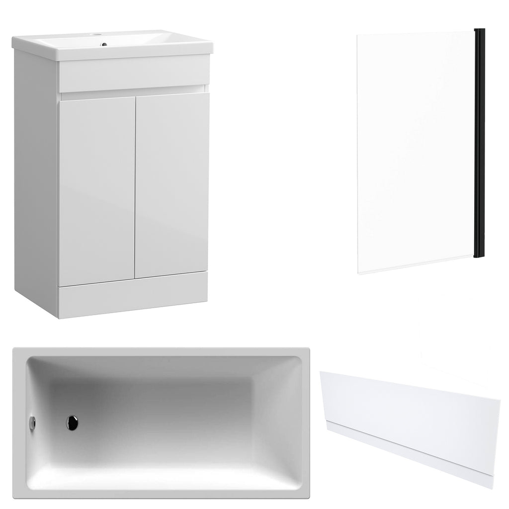 Waterproof 500mm Vanity Unit with Single Ended Bath, Gloss White Front Panel & Matt Black Profile Bath Screen
