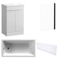 Waterproof 500mm Vanity Unit with Single Ended Bath, Gloss White Front Panel & Matt Black Profile Bath Screen