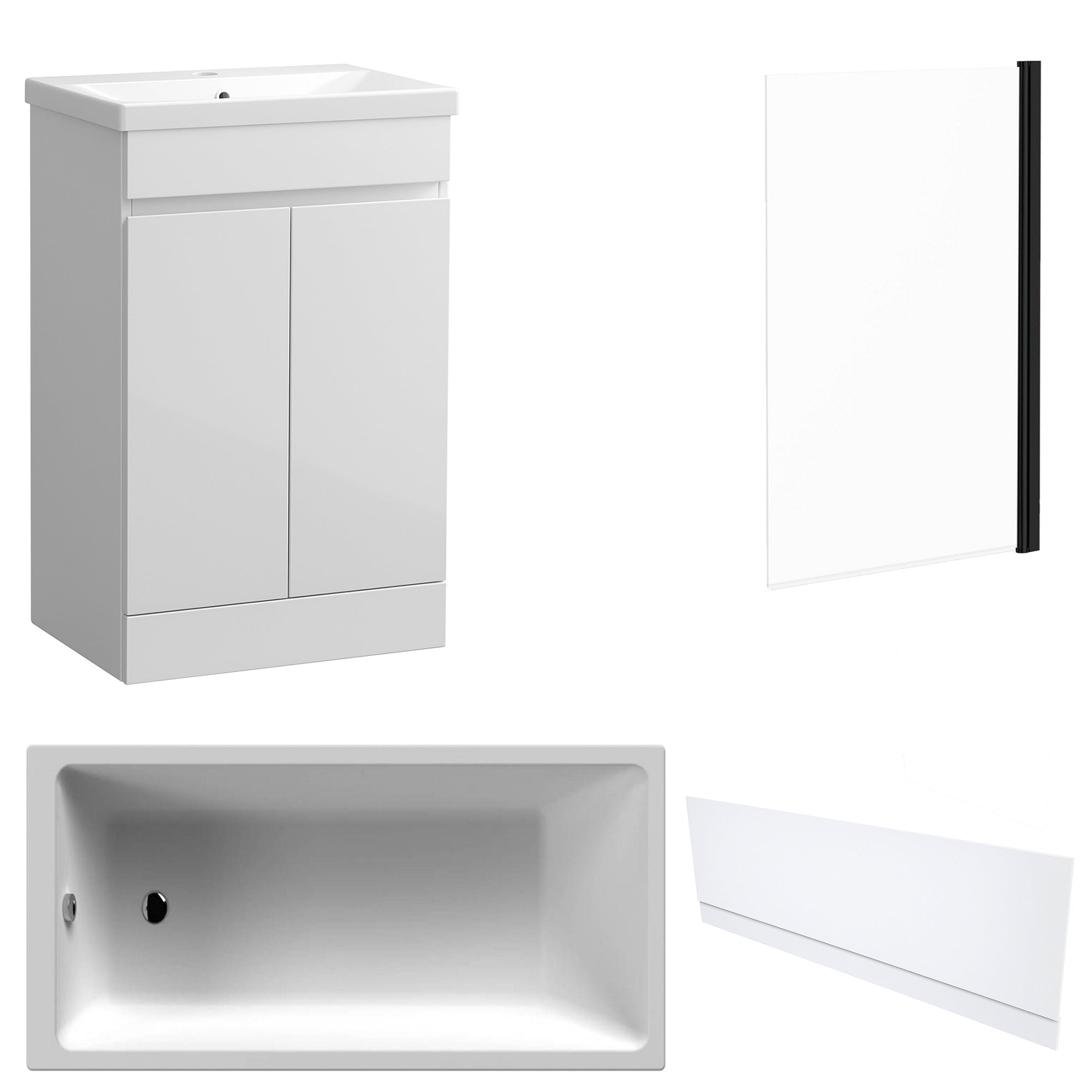 Waterproof 500mm Vanity Unit with Single Ended Bath, Gloss White Front Panel & Matt Black Profile Bath Screen