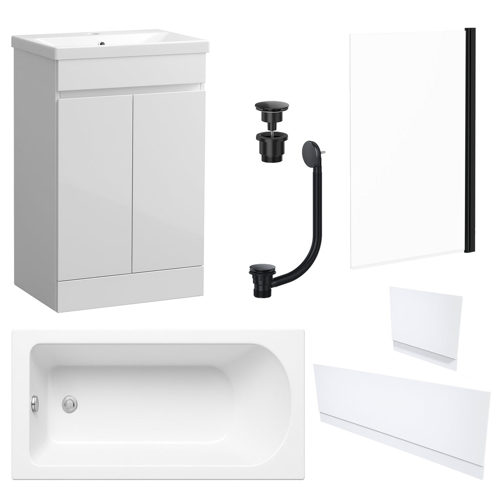 Waterproof 500mm Vanity Unit with Single Ended Bath, Gloss White Panels, Matt Black Screen, Bath & Universal Basin Waste