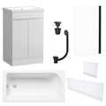 Waterproof 500mm Vanity Unit with Single Ended Bath, Gloss White Panels, Matt Black Screen, Bath & Universal Basin Waste