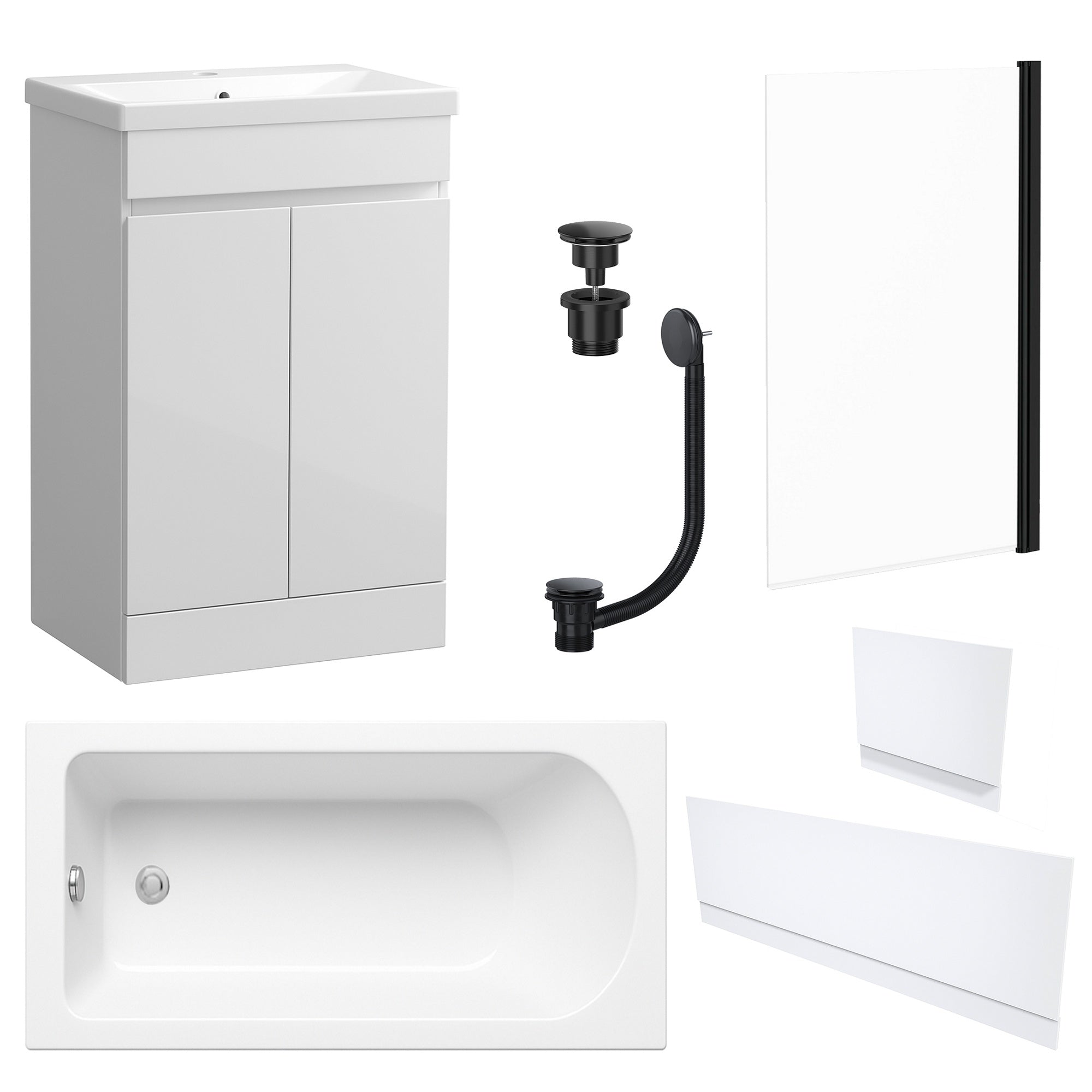 Waterproof 500mm Vanity Unit with Single Ended Bath, Gloss White Panels, Matt Black Screen, Bath & Universal Basin Waste