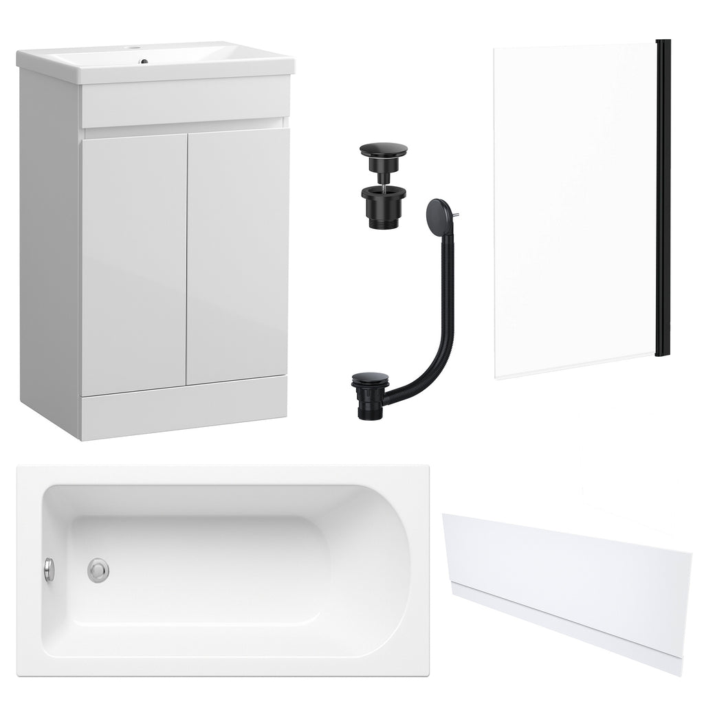 Waterproof 500mm Vanity Unit with Single Ended Bath, Gloss White Front Panel, Matt Black Screen, Bath & Universal Basin Waste