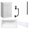 Waterproof 500mm Vanity Unit with Single Ended Bath, Gloss White Front Panel, Matt Black Screen, Bath & Universal Basin Waste