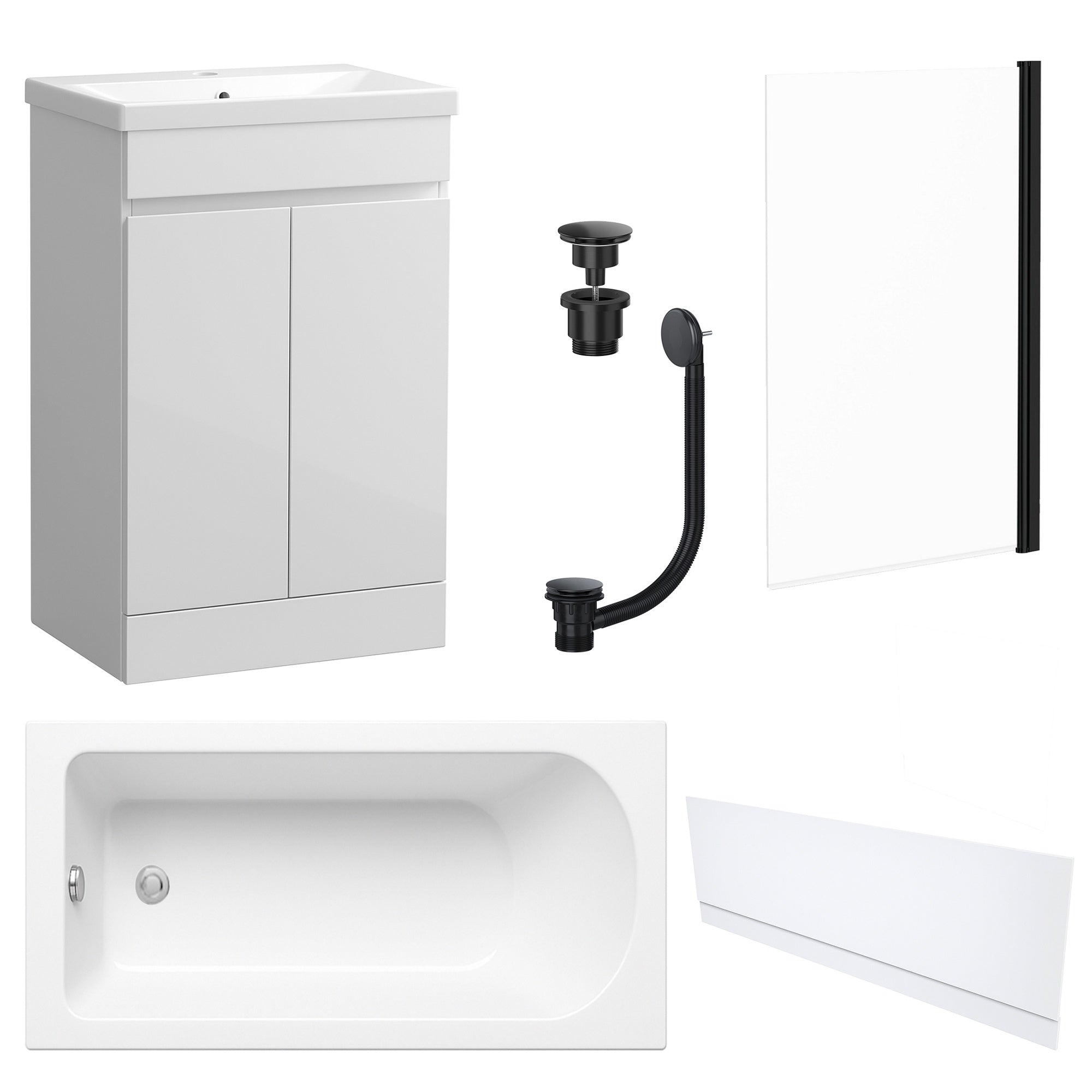 Waterproof 500mm Vanity Unit with Single Ended Bath, Gloss White Front Panel, Matt Black Screen, Bath & Universal Basin Waste