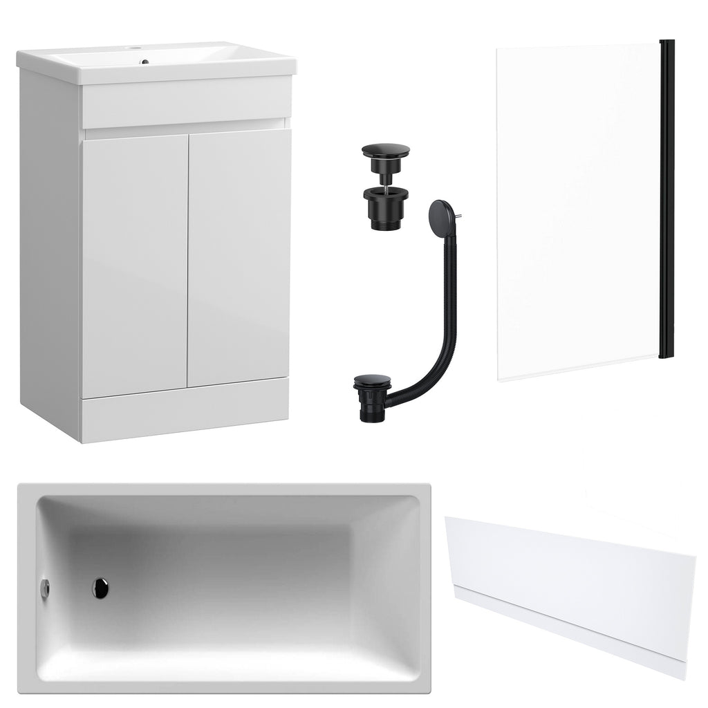 Waterproof 500mm Vanity Unit with Single Ended Bath, Gloss White Front Panel, Matt Black Screen, Bath & Universal Basin Waste