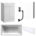 Waterproof 500mm Vanity Unit with Single Ended Bath, Gloss White Front Panel, Matt Black Screen, Bath & Universal Basin Waste