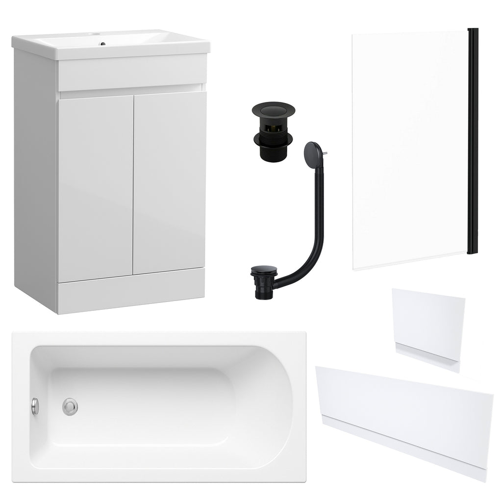Waterproof 500mm Vanity Unit with Single Ended Bath, Gloss White Panels, Matt Black Screen, Bath & Slotted Basin Waste