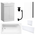 Waterproof 500mm Vanity Unit with Single Ended Bath, Gloss White Panels, Matt Black Screen, Bath & Slotted Basin Waste