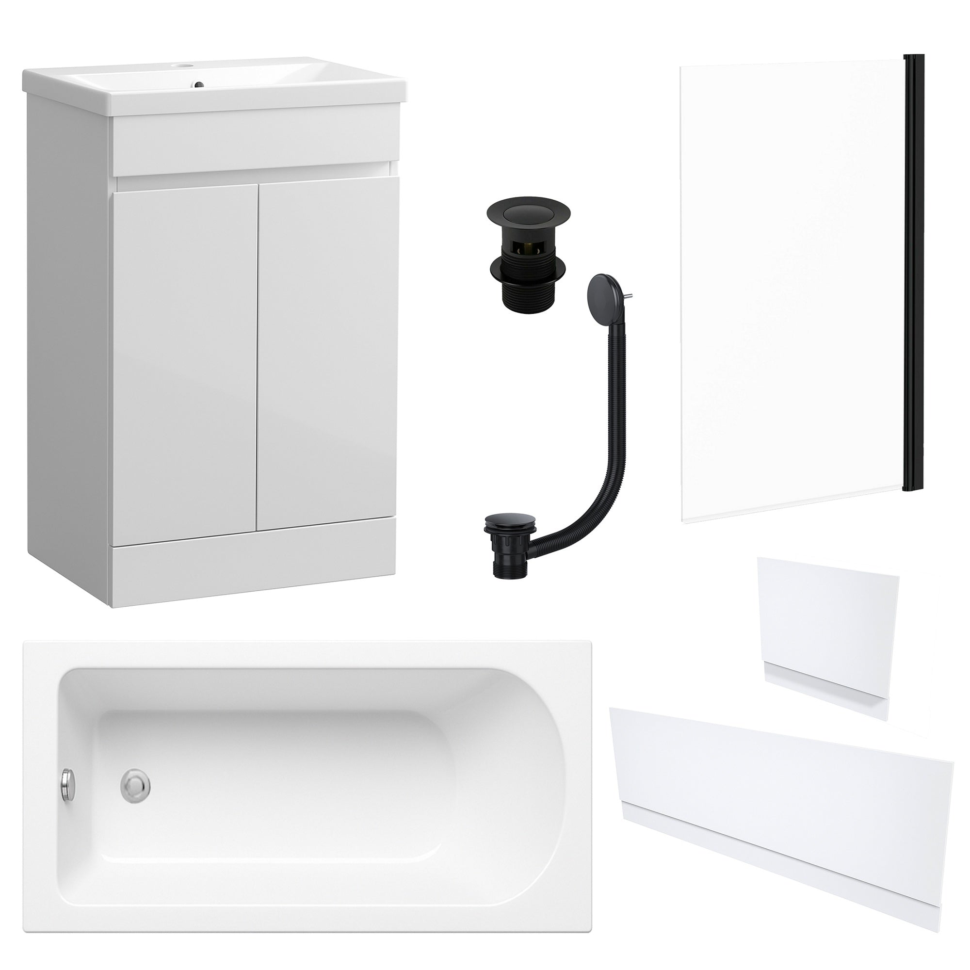 Waterproof 500mm Vanity Unit with Single Ended Bath, Gloss White Panels, Matt Black Screen, Bath & Slotted Basin Waste