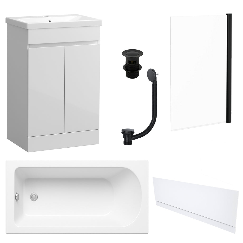 Waterproof 500mm Vanity Unit with Single Ended Bath, Gloss White Front Panel, Matt Black Screen, Bath & Slotted Basin Waste