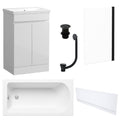 Waterproof 500mm Vanity Unit with Single Ended Bath, Gloss White Front Panel, Matt Black Screen, Bath & Slotted Basin Waste