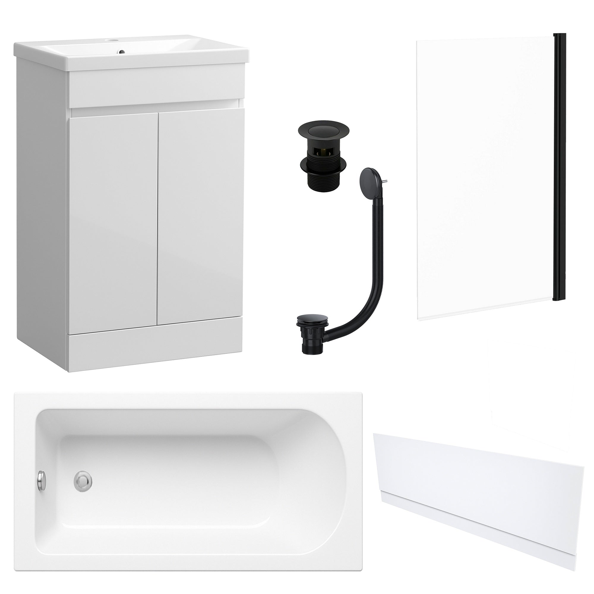 Waterproof 500mm Vanity Unit with Single Ended Bath, Gloss White Front Panel, Matt Black Screen, Bath & Slotted Basin Waste