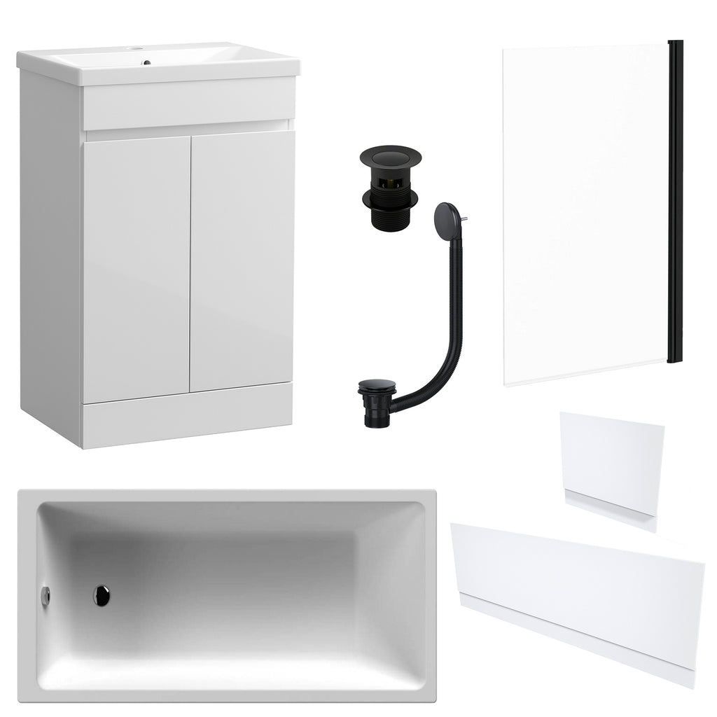 Waterproof 500mm Vanity Unit with Single Ended Bath, Gloss White Panels, Matt Black Screen, Bath & Slotted Basin Waste