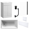 Waterproof 500mm Vanity Unit with Single Ended Bath, Gloss White Panels, Matt Black Screen, Bath & Slotted Basin Waste