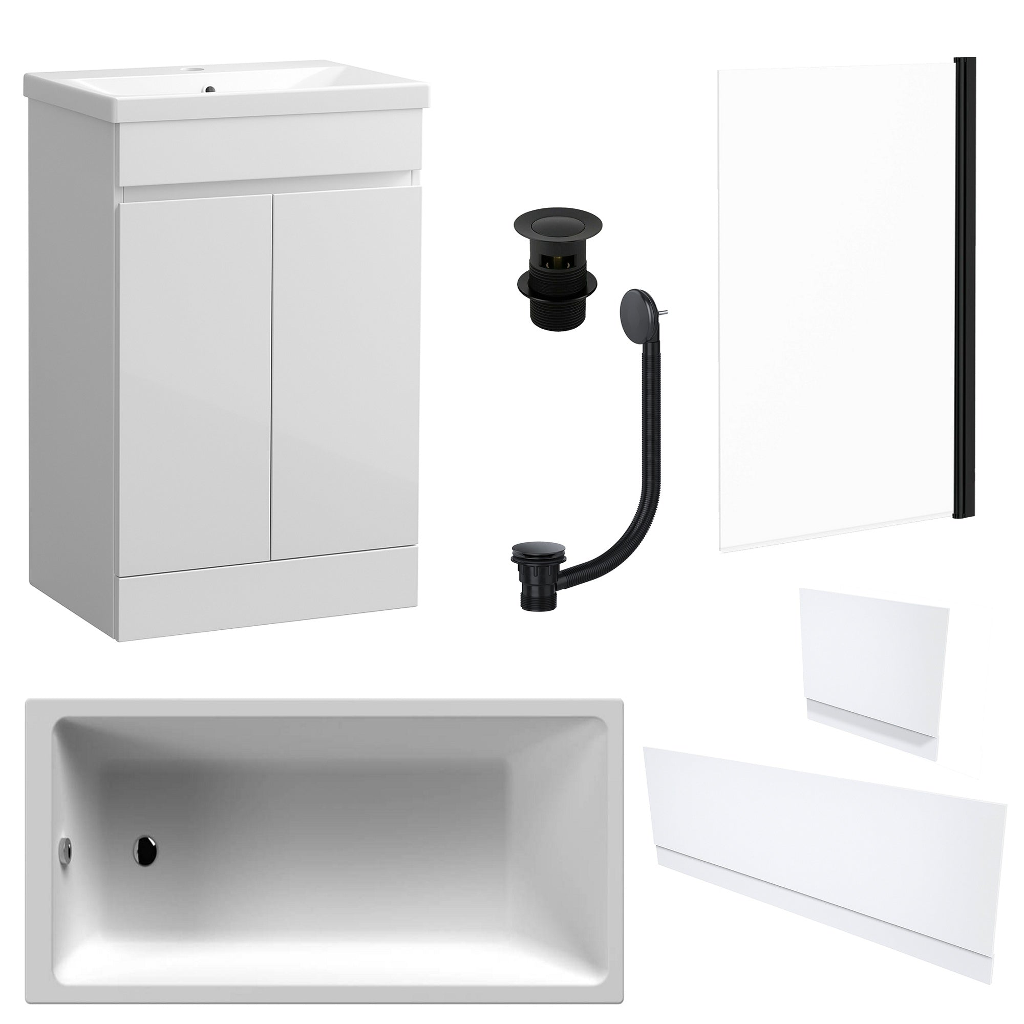 Waterproof 500mm Vanity Unit with Single Ended Bath, Gloss White Panels, Matt Black Screen, Bath & Slotted Basin Waste