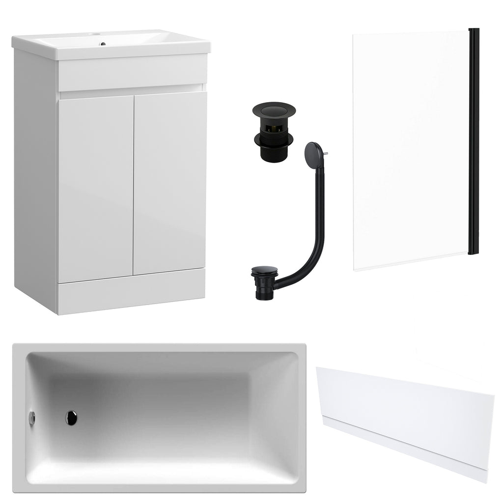 Waterproof 500mm Vanity Unit with Single Ended Bath, Gloss White Front Panel, Matt Black Screen, Bath & Slotted Basin Waste