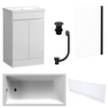 Waterproof 500mm Vanity Unit with Single Ended Bath, Gloss White Front Panel, Matt Black Screen, Bath & Slotted Basin Waste