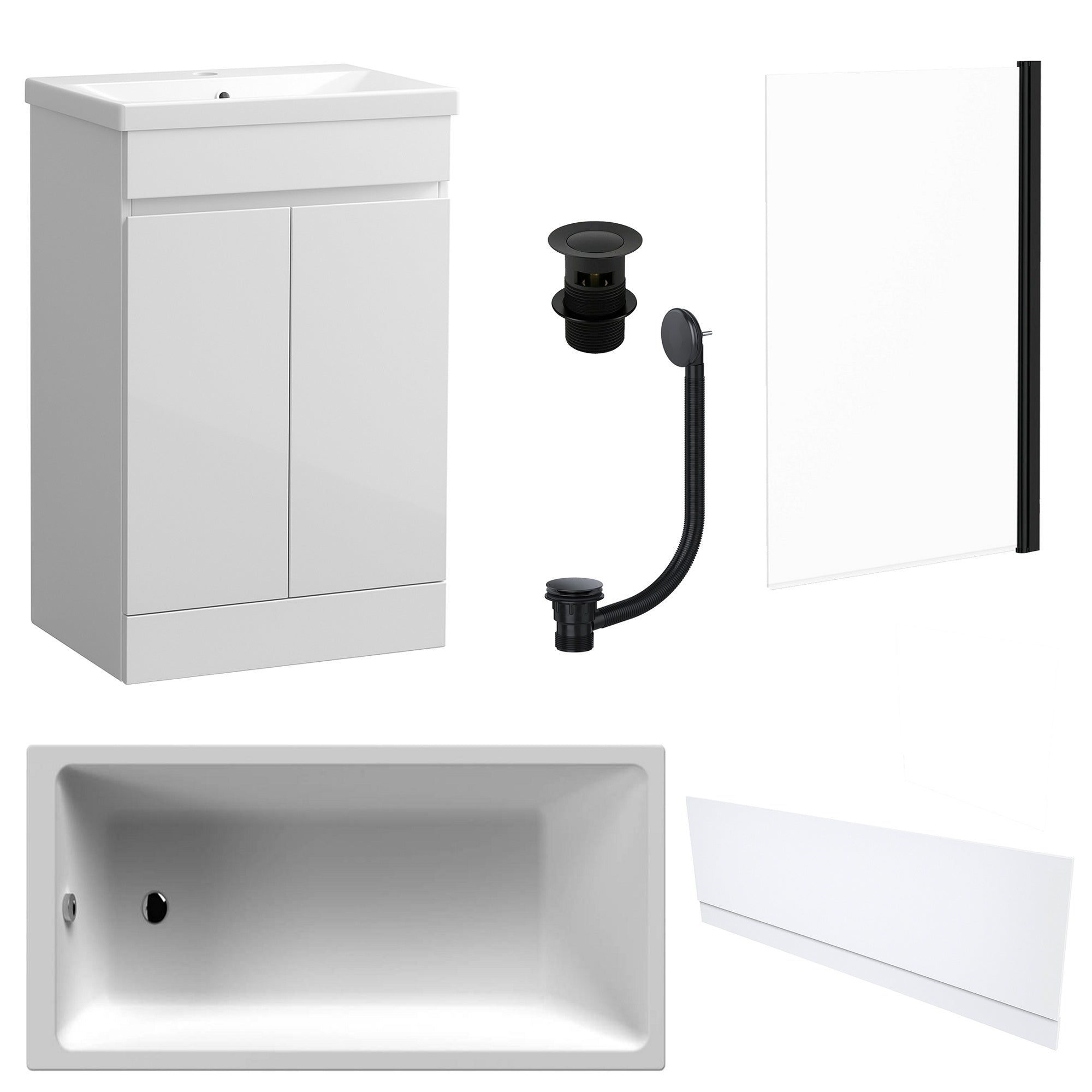 Waterproof 500mm Vanity Unit with Single Ended Bath, Gloss White Front Panel, Matt Black Screen, Bath & Slotted Basin Waste
