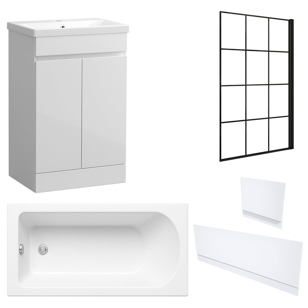 Waterproof 500mm Vanity Unit with Single Ended Bath, Gloss White Panels & Matt Black Grid Bath Screen
