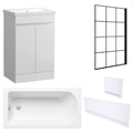 Waterproof 500mm Vanity Unit with Single Ended Bath, Gloss White Panels & Matt Black Grid Bath Screen