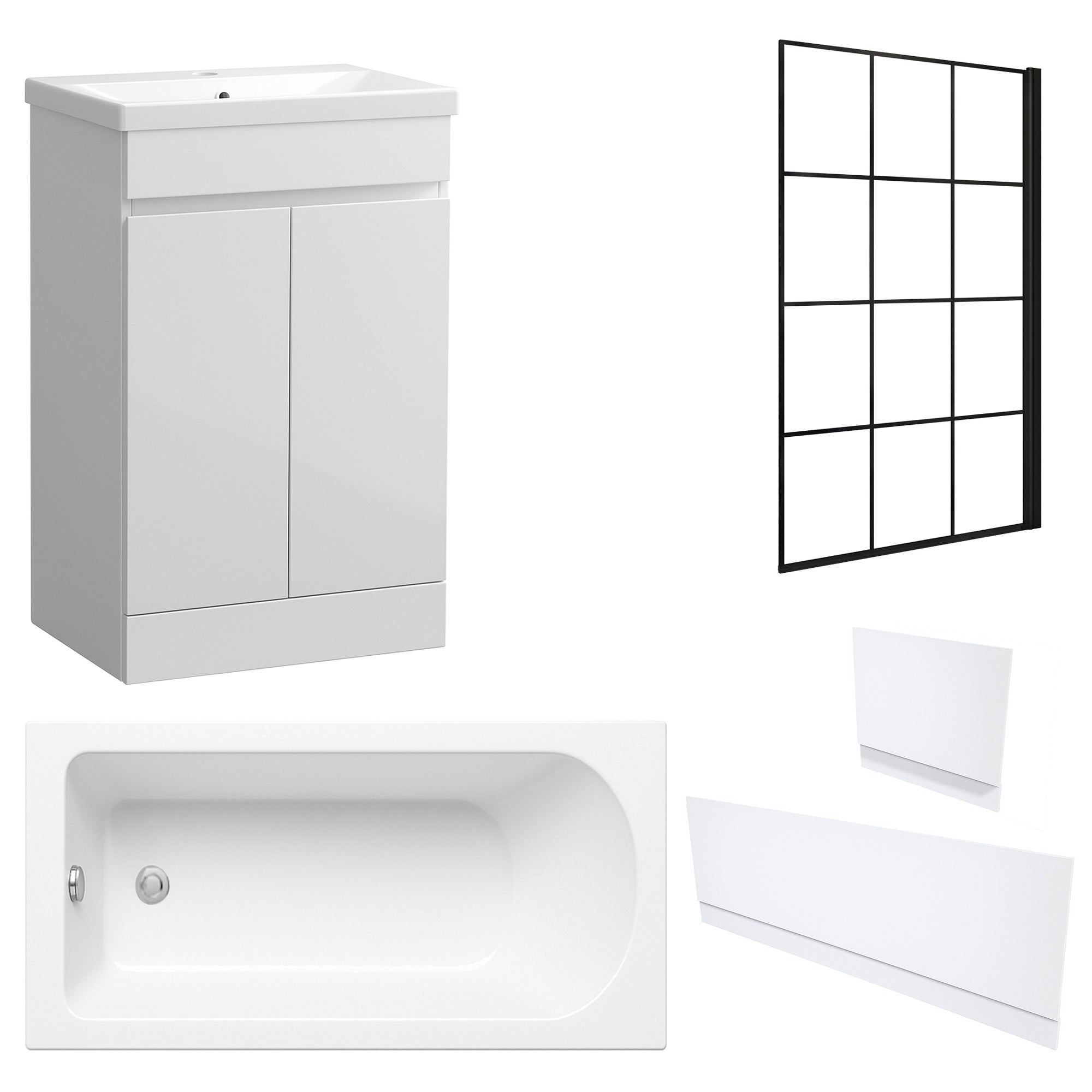 Waterproof 500mm Vanity Unit with Single Ended Bath, Gloss White Panels & Matt Black Grid Bath Screen