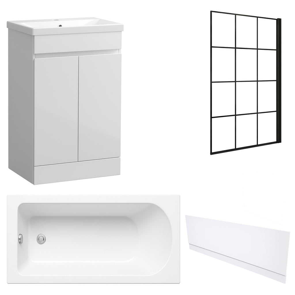 Waterproof 500mm Vanity Unit with Single Ended Bath, Gloss White Front Panel & Matt Black Grid Bath Screen