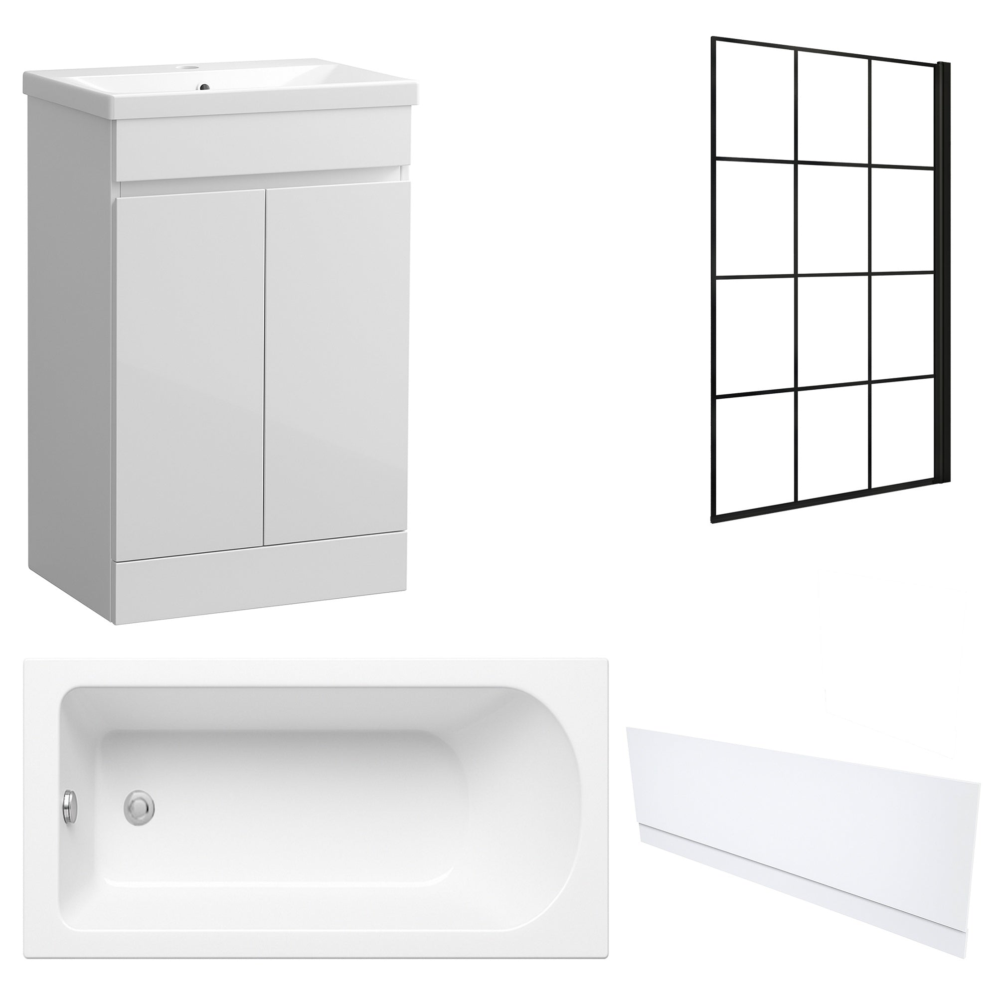 Waterproof 500mm Vanity Unit with Single Ended Bath, Gloss White Front Panel & Matt Black Grid Bath Screen