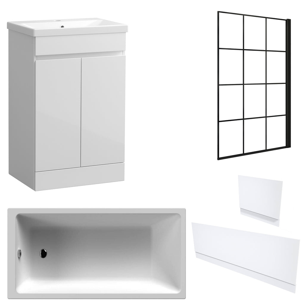 Waterproof 500mm Vanity Unit with Single Ended Bath, Gloss White Panels & Matt Black Grid Bath Screen