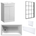 Waterproof 500mm Vanity Unit with Single Ended Bath, Gloss White Panels & Matt Black Grid Bath Screen