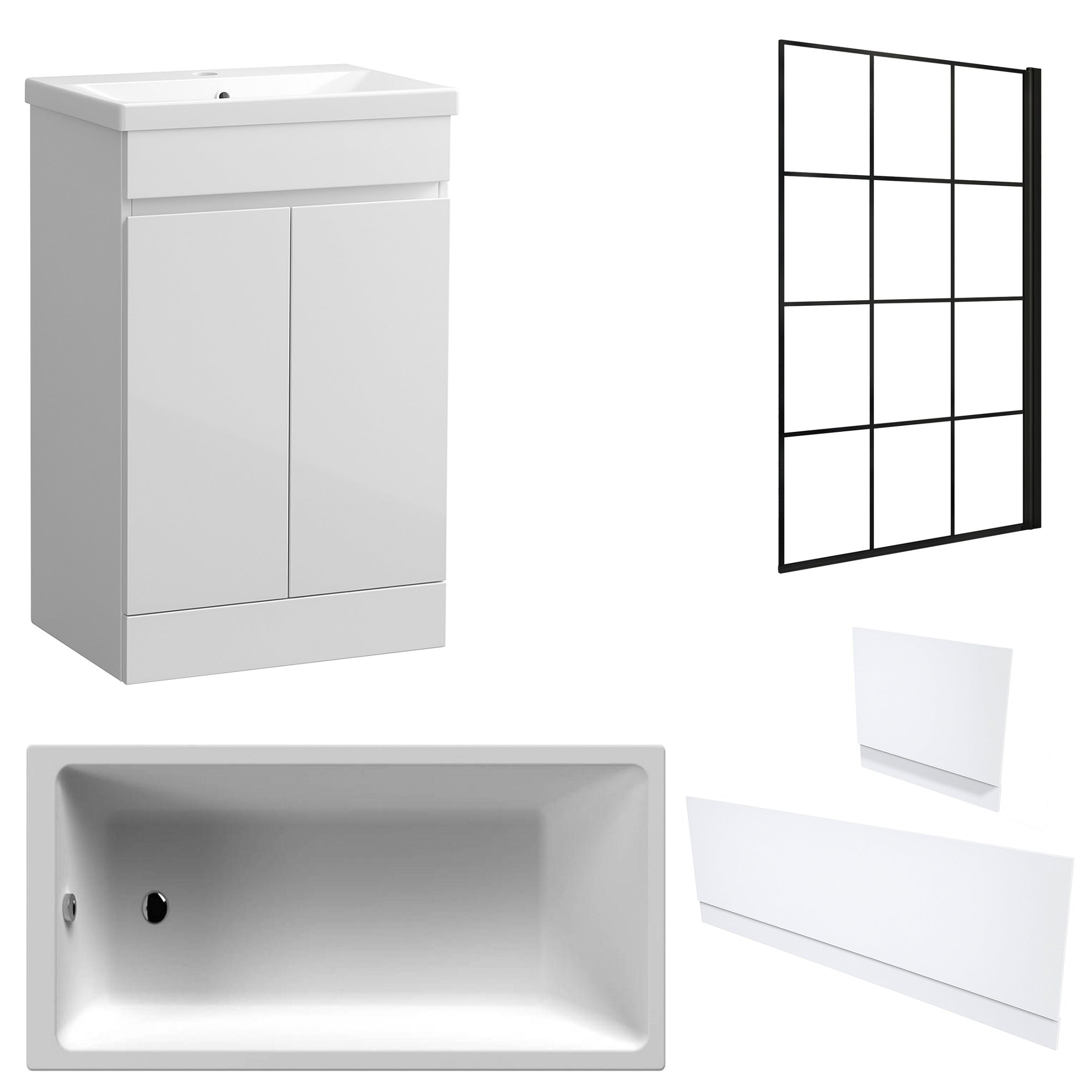 Waterproof 500mm Vanity Unit with Single Ended Bath, Gloss White Panels & Matt Black Grid Bath Screen