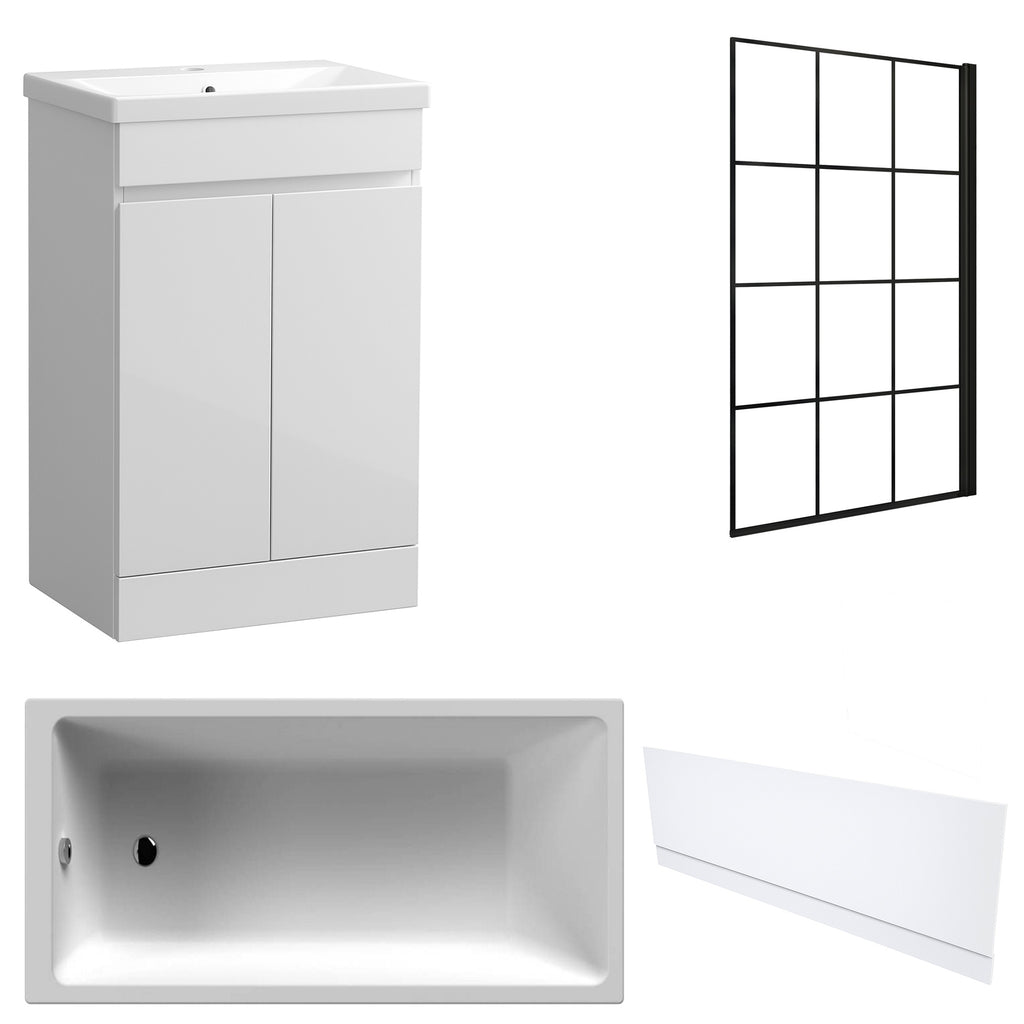 Waterproof 500mm Vanity Unit with Single Ended Bath, Gloss White Front Panel & Matt Black Grid Bath Screen