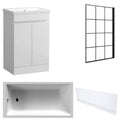 Waterproof 500mm Vanity Unit with Single Ended Bath, Gloss White Front Panel & Matt Black Grid Bath Screen