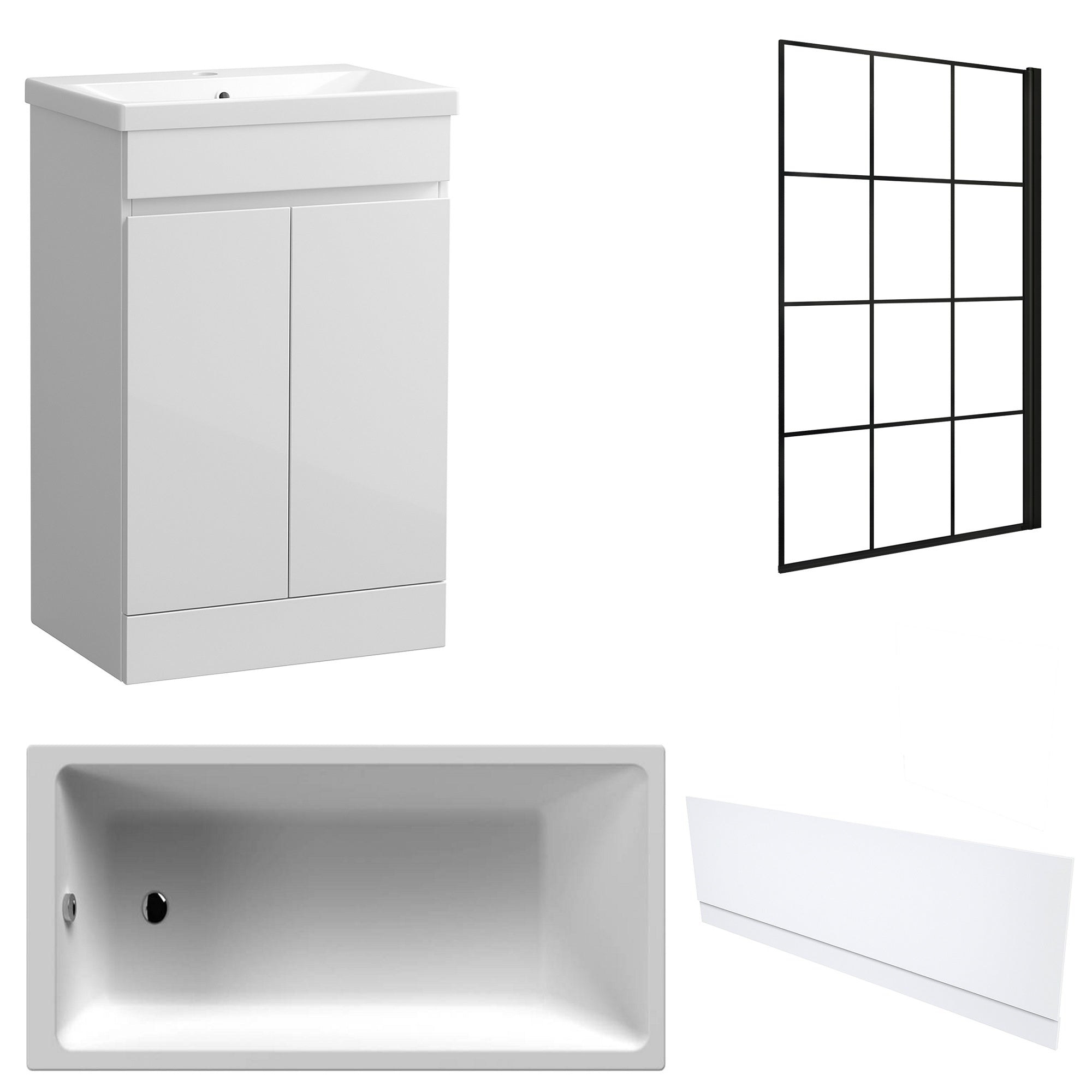 Waterproof 500mm Vanity Unit with Single Ended Bath, Gloss White Front Panel & Matt Black Grid Bath Screen