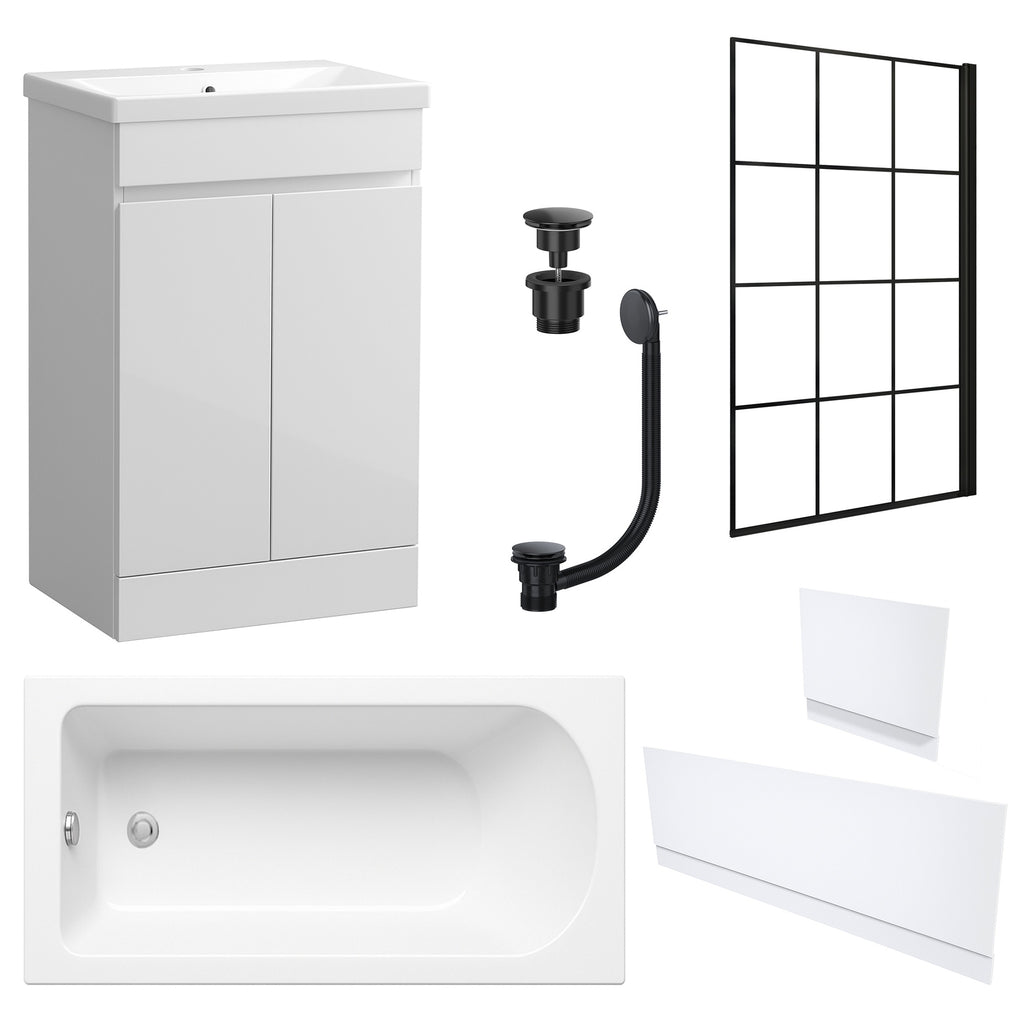 Waterproof 500mm Vanity Unit with Single Ended Bath, Gloss White Panels, Matt Black Screen, Bath & Universal Basin Waste