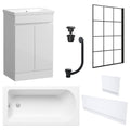 Waterproof 500mm Vanity Unit with Single Ended Bath, Gloss White Panels, Matt Black Screen, Bath & Universal Basin Waste