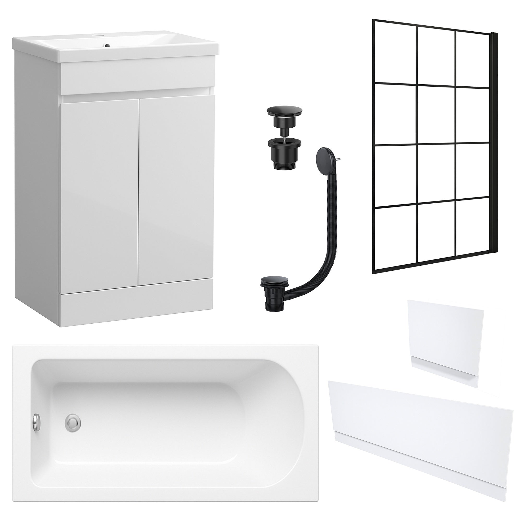 Waterproof 500mm Vanity Unit with Single Ended Bath, Gloss White Panels, Matt Black Screen, Bath & Universal Basin Waste